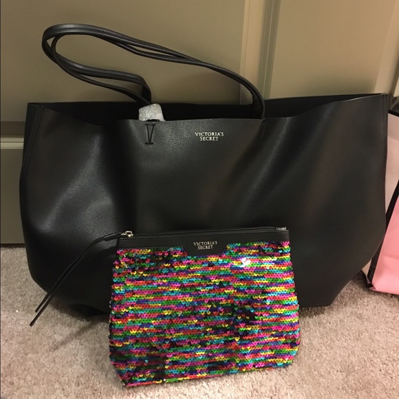 Victoria's Secret black tote, cosmetic bag