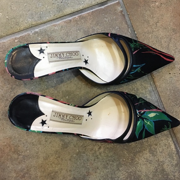 Silk Jimmy Choo heel with black, grn, pink