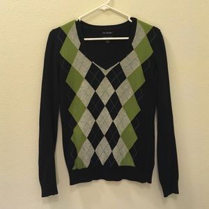 Navy and Green V Neck Argyle Sweater