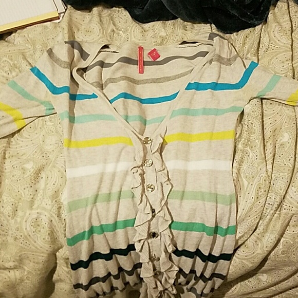 Charlotte button up ruffle cardigan grey with stripes green yellow blue - Picture 2 of 7