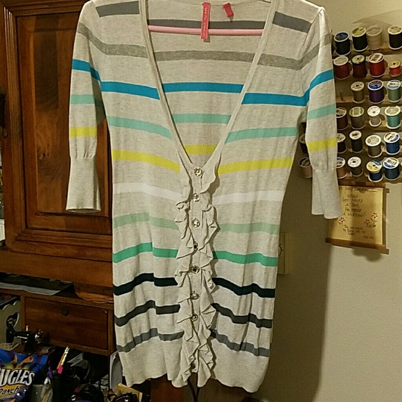 Charlotte button up ruffle cardigan grey with stripes green yellow blue - Picture 1 of 7