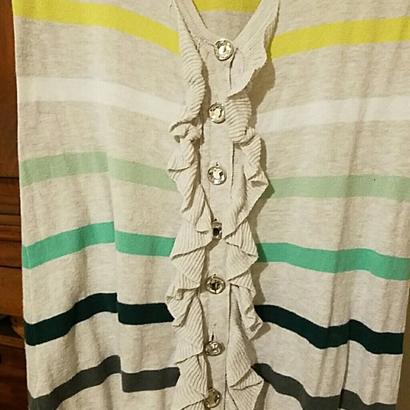 Charlotte button up ruffle cardigan grey with stripes green yellow blue - Picture 3 of 7