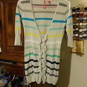 Charlotte button up ruffle cardigan grey with stripes green yellow blue
