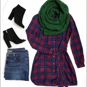Red and Blue Plaid Flannel Shirt with Waist Tie