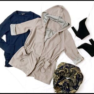 Hooded Military Trench Jacket with Drawstring