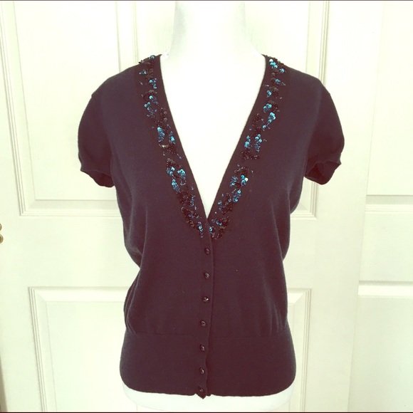 Navy sequin trimmed SS cardigan