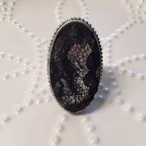 Silver and Black Fabric Stretch Ring - 7169