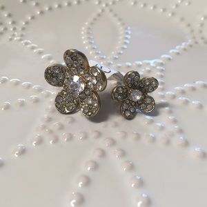 Gold Tone Double Flower CZ Ring - 7175