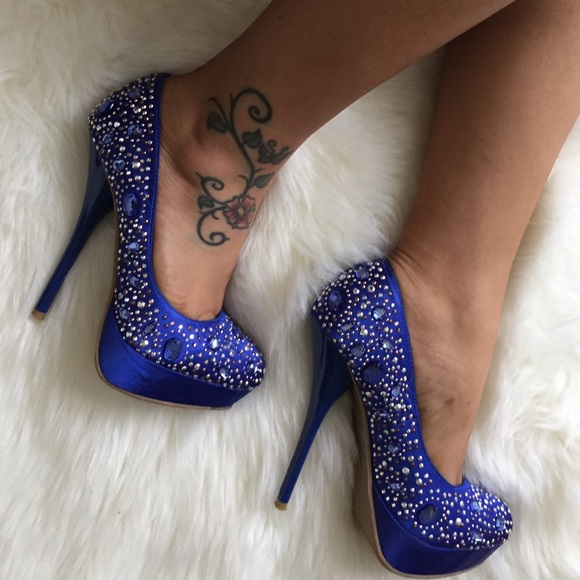 Classic RoyalBlue Satin GemEncrusted Platform Pump