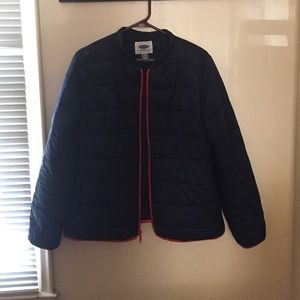 navy blue quilted bomber jacket