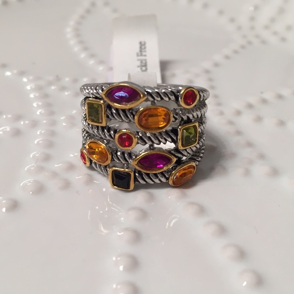 Multistone Confetti Silver Tone Cocktail Ring 7193