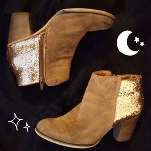 Tan sued booties with gold glitter accent.