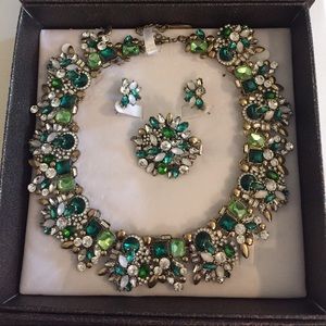 Green and Crystal Necklace, Earrings and Hair Clip