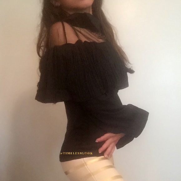 Black sheer mesh top pleated button down top - Picture 2 of 4