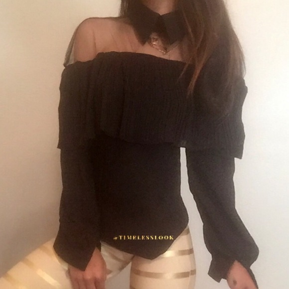 Black sheer mesh top pleated button down top - Picture 3 of 4