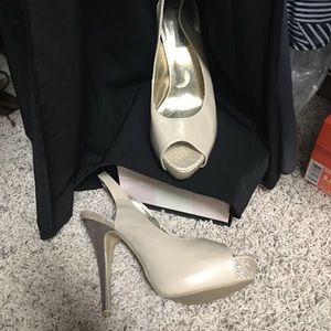 Taupe and gold platform sling back heels