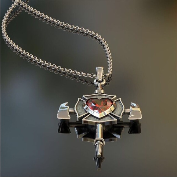 Firefighters Cross Necklace Real .925 Silver - Picture 3 of 4