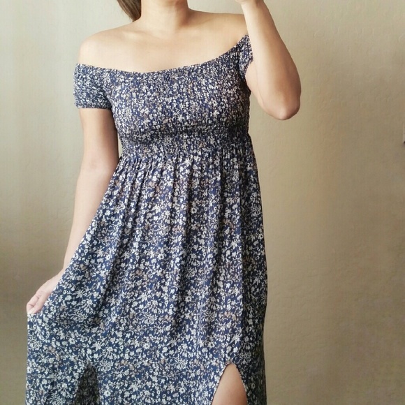 Off Shoulder Floral Boho Dress - Blue - Picture 3 of 4