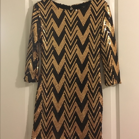 Black and Gold Chevron Print Sequin Dress