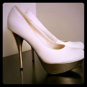 White and gold platform heels