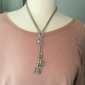 Double grey leather strand charm Lariat