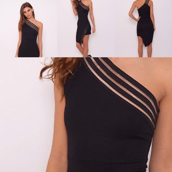 BLACK MESH STRIPE ONE SHOULDER ASYMMETRIC DRESS
