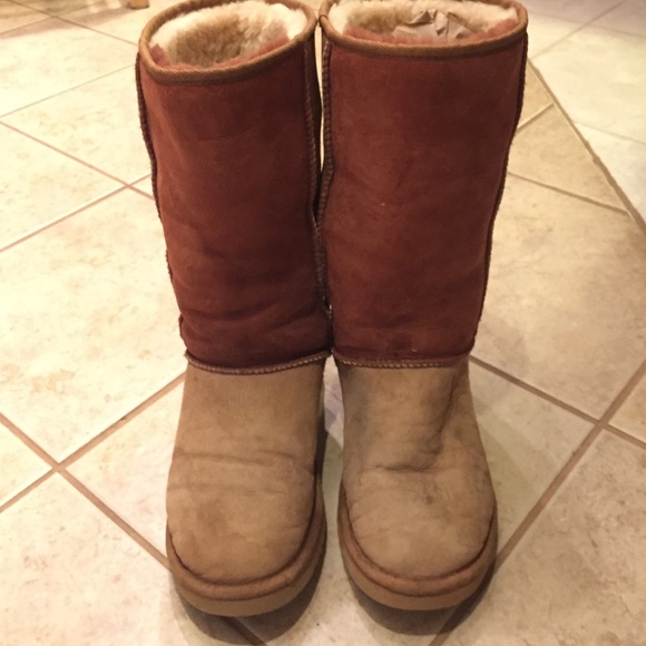 Multicolored tall Ugg boots, worn little
