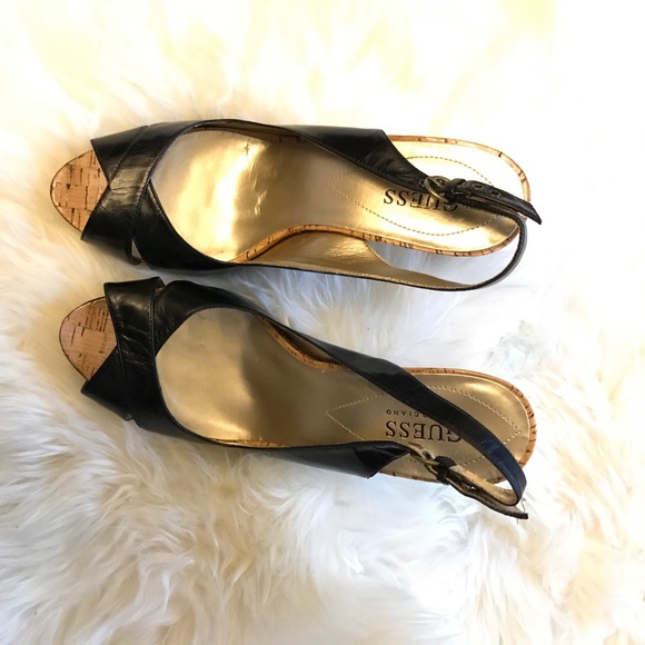 Guess by Marciano Shoes - Guess Black Cork Peep Toe Slingback Heel Guess by Marciano Shoes - Guess Black Cork Peep Toe Slingback Heel