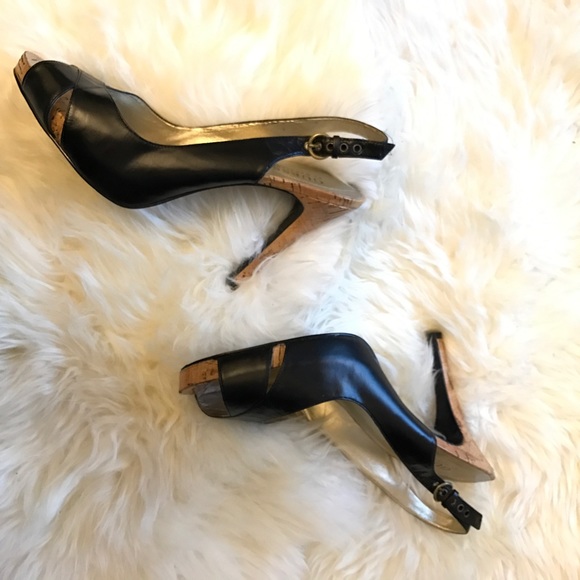 Guess by Marciano Shoes - Guess Black Cork Peep Toe Slingback Heel Guess by Marciano Shoes - Guess Black Cork Peep Toe Slingback Heel