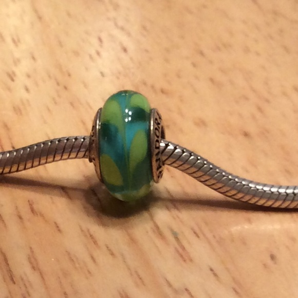 Pandora Blue Glass Charm with Green Stripes