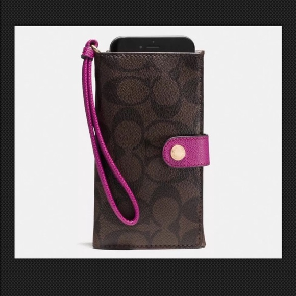 Authentic Coach Phone Wallet Wristlet Brn/Fuchsia - Picture 2 of 4