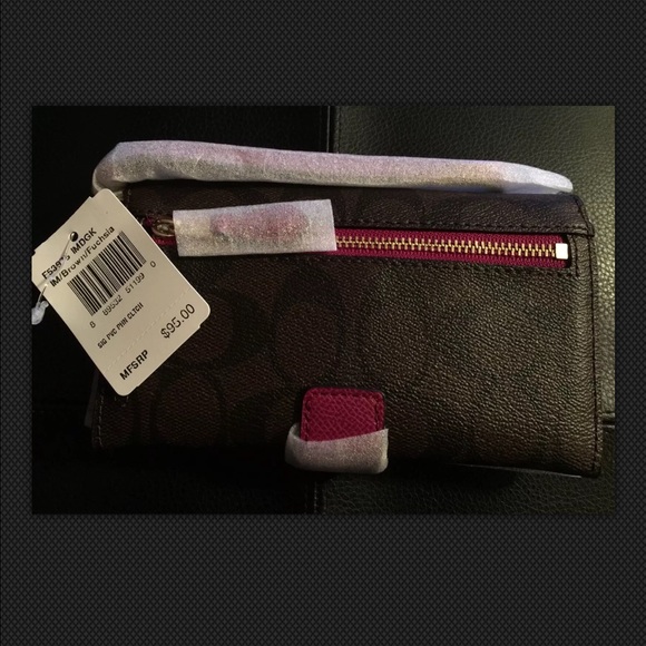Authentic Coach Phone Wallet Wristlet Brn/Fuchsia - Picture 3 of 4