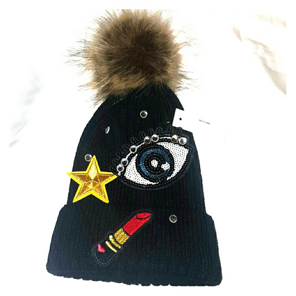 Embroided Knit Winter Fur Pom Pom Hat with Patches