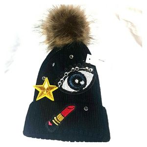 Embroided Knit Winter Fur Pom Pom Hat with Patches