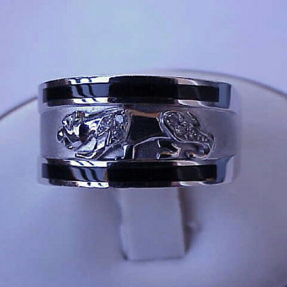 Men 14k White Gold Leopard Cat Enamel Diamond Ring