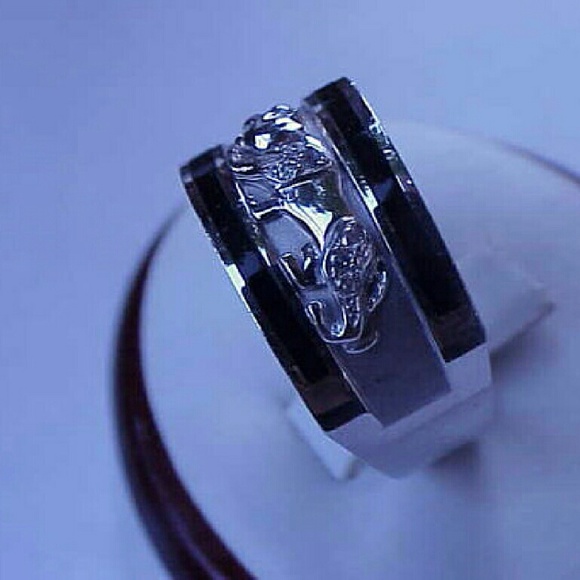 Men 14k White Gold Leopard Cat Enamel Diamond Ring