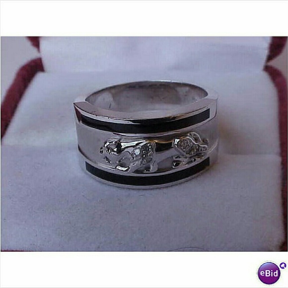 Men 14k White Gold Leopard Cat Enamel Diamond Ring