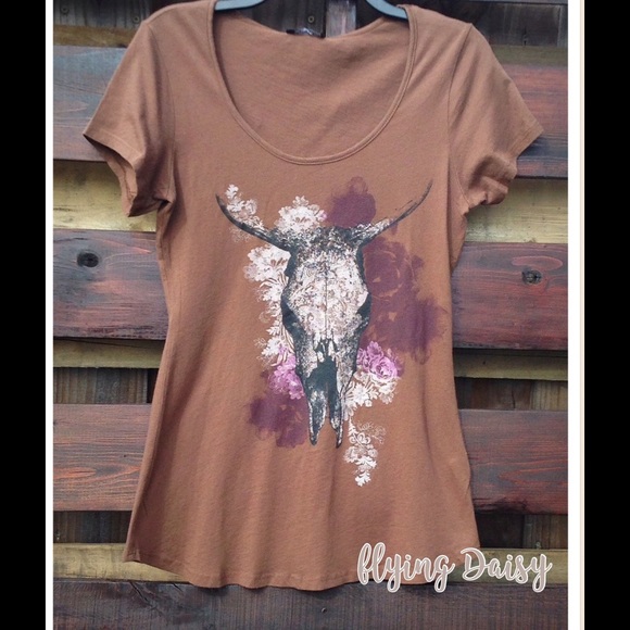 Bullhead Flower Tee Shirt Top Cowgirl Western - Picture 3 of 3