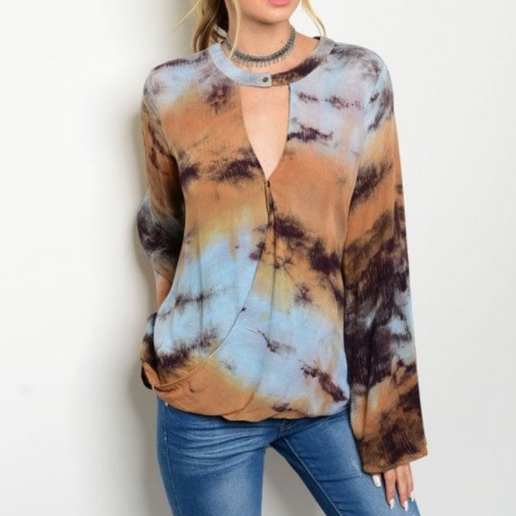 Tops - Sky Blue Taupe Tie Dye Boho Top
