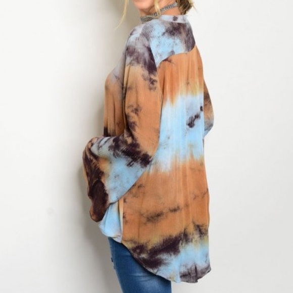 Sky Blue Taupe Tie Dye Boho Top - Picture 2 of 3