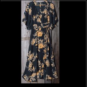 Black/Yellow floral wrap dress