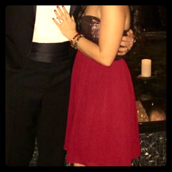 Strapless maroon cocktail dress