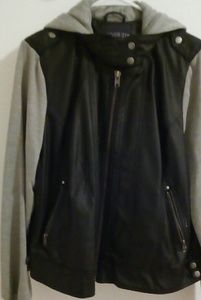 Black moto jacket with gray sleeves and hoodie