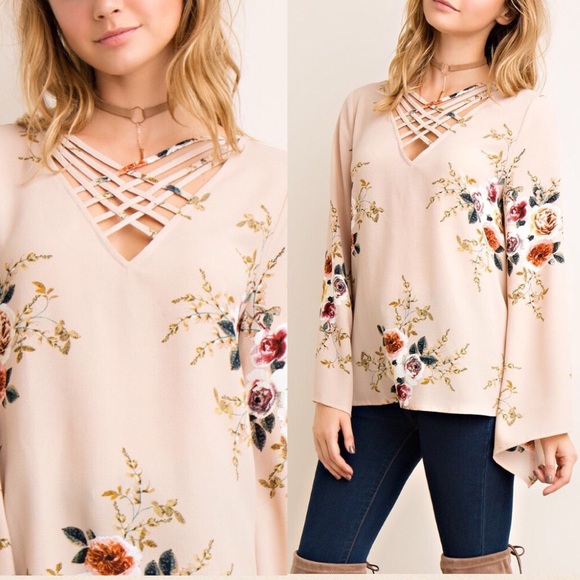 Pink Peplum Boutique Tops - ❗LAST❗Taupe Floral A-line blouse with strappy neck