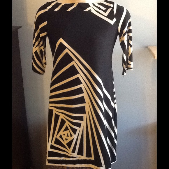 Black White quarter Sleeve A-line Boat Neck Dess - Picture 1 of 4