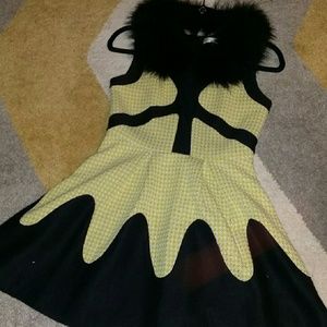 Retro 60s Yellow Dress Thick Removable Fur Collar