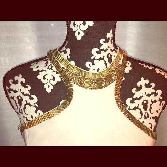 Bebe winter white cocktail dress with gold beading