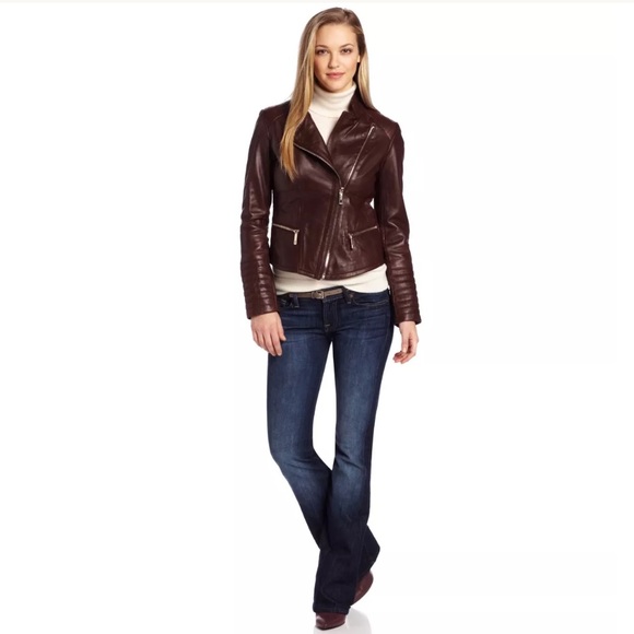 NWT Kenneth Cole NY Smooth Lamb Moto Jacket, Wine - Picture 1 of 6