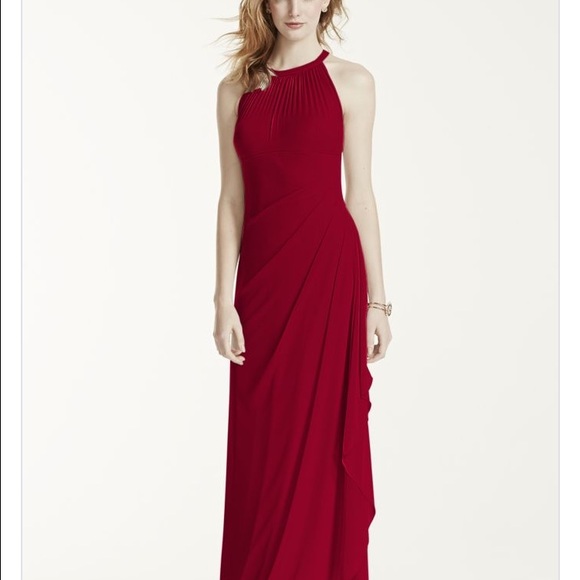 David's Bridal Apple Red Long Mesh Dress