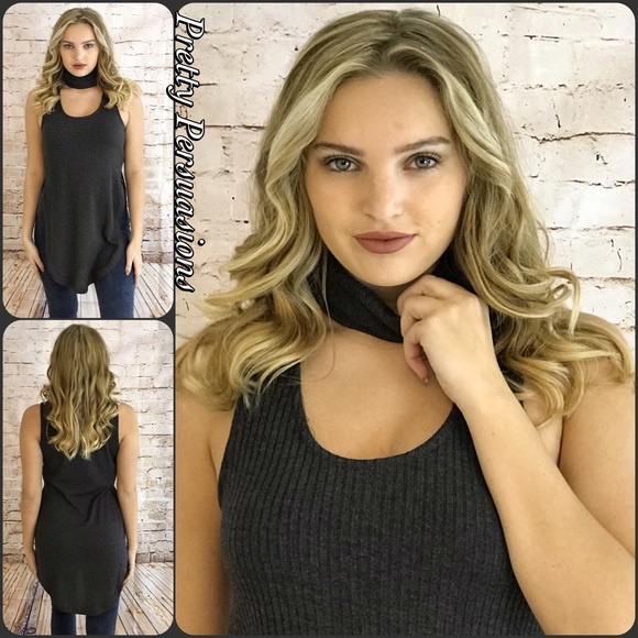 LAST 1‼️Charcoal Gray Ribbed Choker Sleeveless Top - Picture 2 of 4